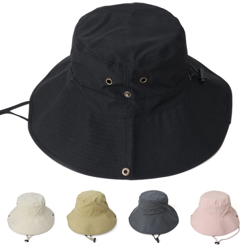 Outdoor Sun Protection Bucket Hat Polyester Waterproof Breathable Large Brim Windproof Boonie Hat For Fishing Hiking