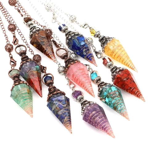 Natural Crushed Stone Resin Pendulum Necklace Hexagonal Cone Wire Wrapped Healing Reiki Dowsing Meditation Vintage Jewelry
