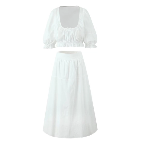 Women Cotton Puff Sleeve Square Neck Crop Top And High Waist Long Maxi Skirt Solid Color Casual Streetwear