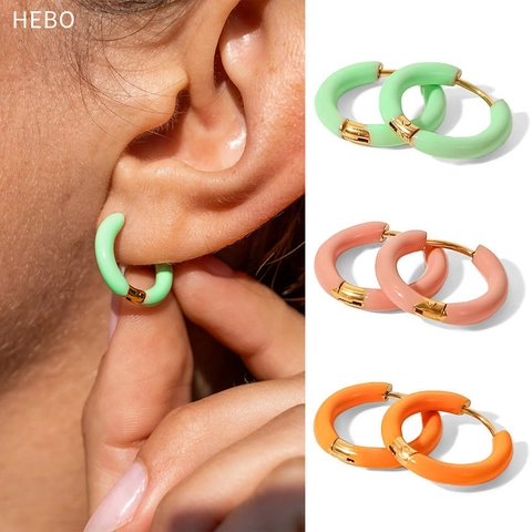 Boucles D'oreilles Créoles En Émail Coloré Pour Femmes En Acier Inoxydable Géométrique Rond Bijoux Mode Style Minimaliste