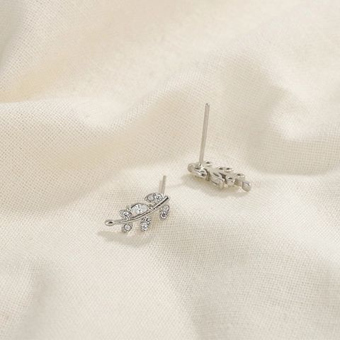 Leaf Branch Stud Earrings Copper Cubic Zirconia Inlaid Minimalist Silver Plated Nature Style Jewelry For Women