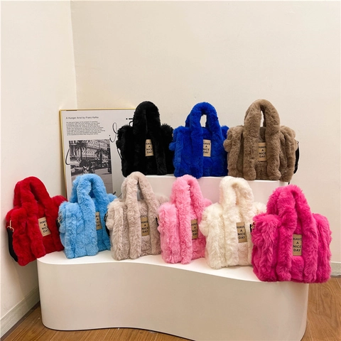 Women Plush Faux Fur Tote Bag Large Capacity Crossbody Bag Have A Nice Day Patch Shoulder Handbag With Adjustable Strap