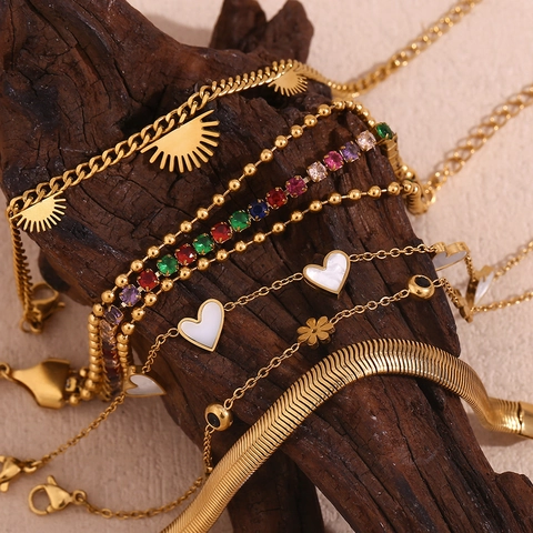 Pulsera De Acero Inoxidable Vintage Para Mujer Chapada En Oro De 18K Con Colgante De Flor Corazón De Concha Joyería