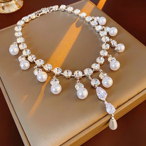 Silver Copper Necklace With Zircon Rhinestone And Water Drop Imitation Artificial Pearl Tassels Elegant Jewelry For Women