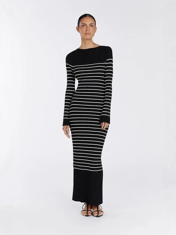 Gestreepte Gebreide Maxi Jurk Lange Mouwen Ronde Hals Bodycon Geribbeld Split Achterkant Elegant Herfst Winter Dames