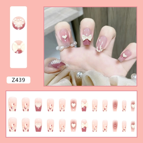 Uñas Postizas Degradado Rosa Estilo Dulce Con Lazo 3D Y Decoración De Corazón Uñas De Bailarina Largas