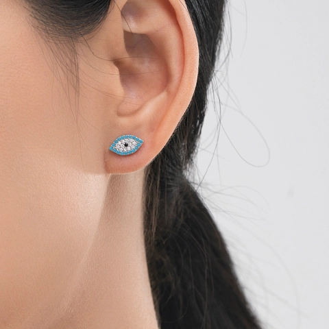 Orecchini A Lobo Occhio Del Diavolo Argento Sterling 925 Con Turchese E Zirconia Micro Pave Per Donna Piccoli