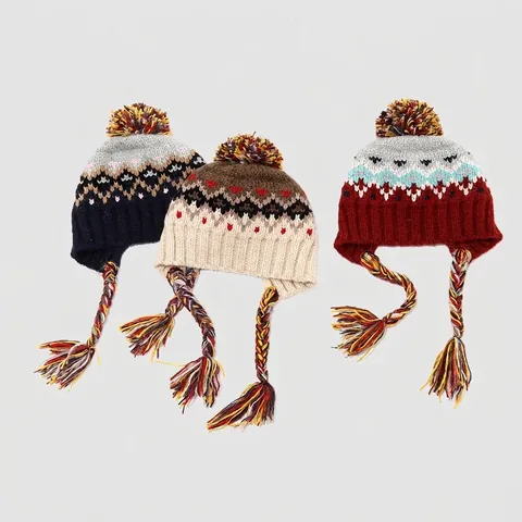 Kids Winter Knit Earflap Hat Warm Beanie With Pom Pom And Braid Tassels Fair Isle Ethnic Style Outdoor