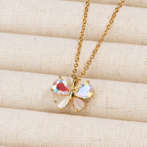 Butterfly Pendant Necklace Copper Gold Plated With Zirconia And Cats Eye Stone Luxury Fashion Elegant Jewelry For Women