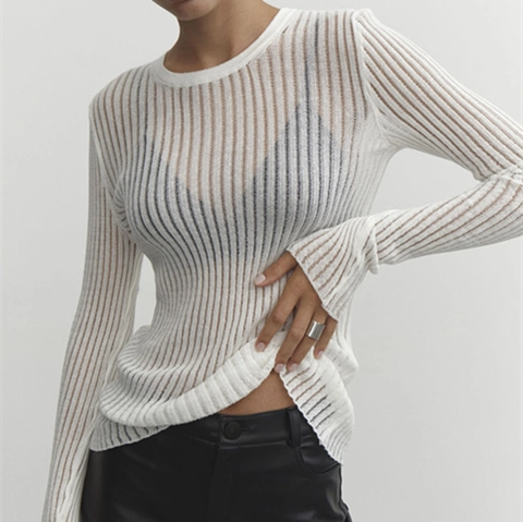 Women Ribbed Knit Top Long Sleeve Round Neck See Through Slim Fit Thin Breathable Solid Color Base Layer