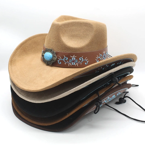 Cappello Da Cowboy Western Scamosciato Ricamato Floreale Turchese Stile Etnico Tesa Larga Cappello Jazz Cordino Regolabile