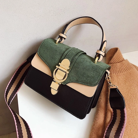 Retro Color Block Crossbody Bag PU Leather Suede Stitching Wide Striped Strap Handbag Round Gold Lock Fashion Women
