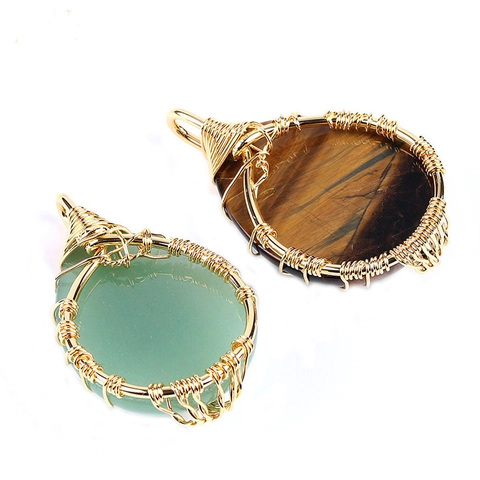 Tree Of Life Wire Wrapped Teardrop Natural Stone Pendant Necklace Handmade Copper Crystal Energy Jewelry For Women Men
