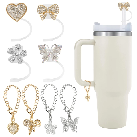 Straw Cover Dust Plugs And Cup Handle Charms Alloy Rhinestone Artificial Pearl Flower Bow Butterfly Heart Decor For Large Tumblers