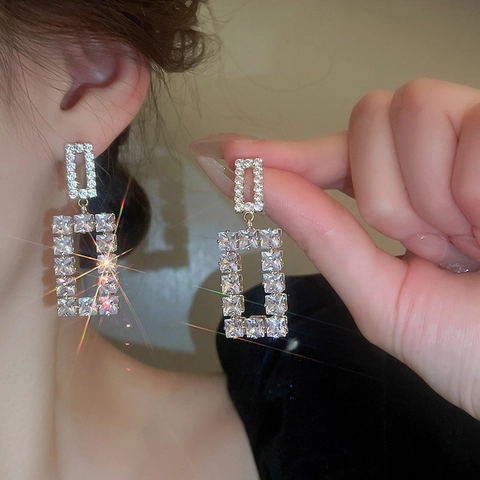 Hollow Geometric Square Drop Earrings With 925 Sterling Silver Earring Post Copper Cubic Zirconia Luxury Fashion Women