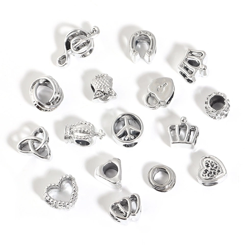 Alloy Large Hole Beads Heart Crown Owl Shape Silver Color DIY Jewelry Making For Bracelets Necklaces Fashion Style