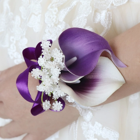 Lila Weiße Calla Lilie Hochzeit Ansteckblume Handgelenk Corsage PU Simulation Blumen Band Spitze Zubehör Für Bräutigam Braut