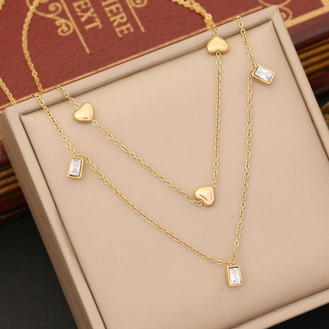 Collana Bracciale Orecchini Con Pendente A Cuore A Strati Acciaio Inossidabile Placcato Oro Zircone Gioielli Di Moda