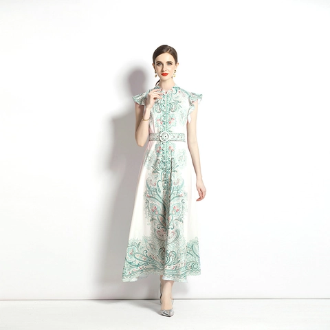Vintage Paisley Print Maxikleid Für Damen Retro Court Style Flatterärmel Leinen A-Linie Langes Kleid Mit Gürtel Elegant