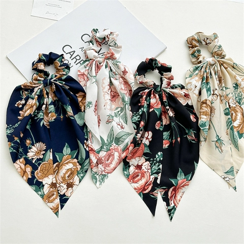 Floral Print Scrunchies With Long Ribbon Streamer Elegant Chiffon Elastic Hair Ties French Vintage Bowknot Headwear For Women