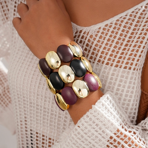 Pulsera Elástica De Cuentas Ovaladas De Acrílico Y Aleación Brazalete Geométrico Retro Para Mujeres