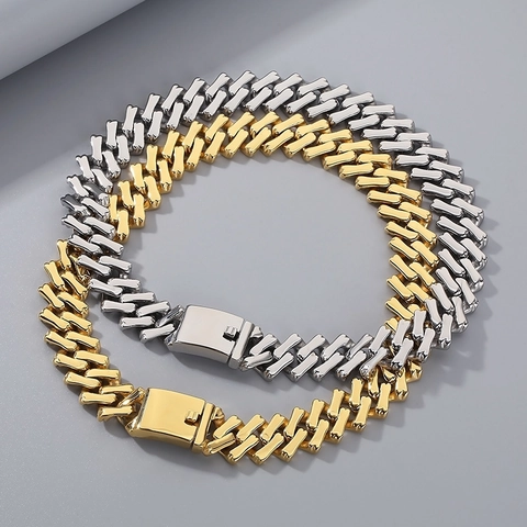 Cadena De Eslabones Cubanos Collar Y Pulsera Acero Inoxidable Hip Hop Joyería Unisex Tono Oro Plata