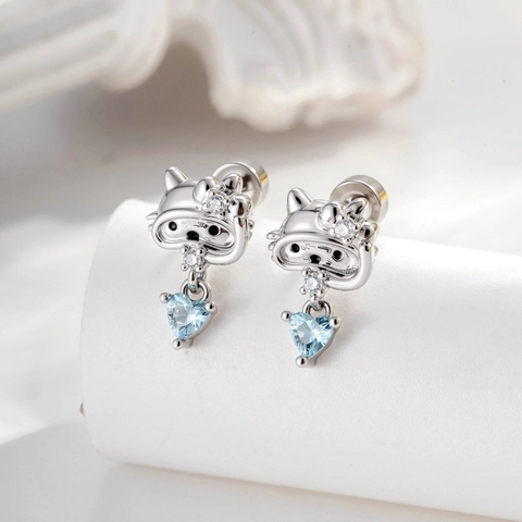 Cartoon Cat Diver Stud Earrings With Light Blue Heart Cubic Zirconia Titanium Steel Copper Piercing Jewelry