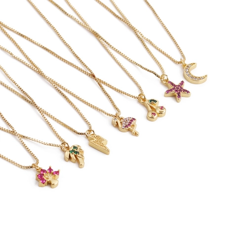 Collana In Rame Placcato Oro Micro Pave Zircone Pendente Luna Stella Fulmine Catena Box Per Donna
