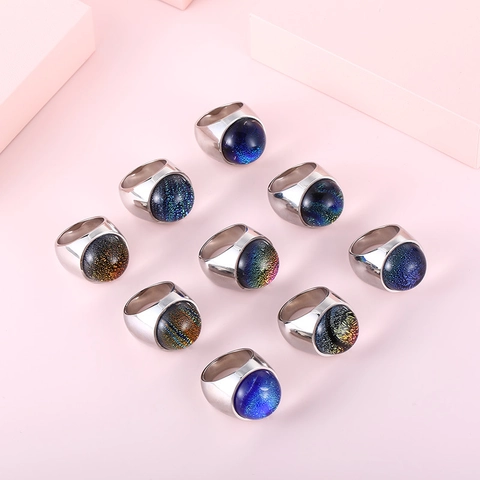 Mode Runder Sternenhimmel Glas Cabochon Ring Für Frauen 316L Edelstahl Hochglanzpoliert Galaxie Muster Schmuck