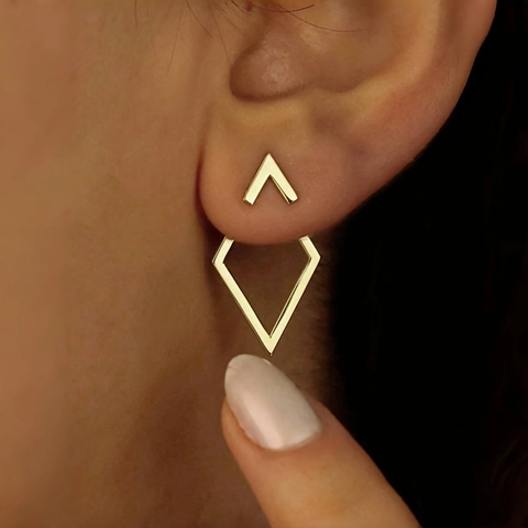 Minimalist Geometric Rhombus Double Layer Earrings For Women Stainless Steel V-Shape Stud Detachable Hollow Pendant Fashion