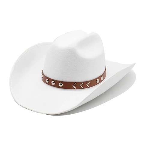 Chapeau De Cow-Boy Western En Feutre De Laine À Large Bord Style Ethnique Rétro Avec Ceinture En Cuir Et Rivets