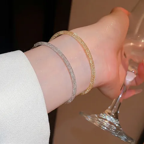 Pulsera Redonda Minimalista Con Textura De Malla Cobre Circón Cadena Ajustable Brillante Para Mujer Joyería Elegante