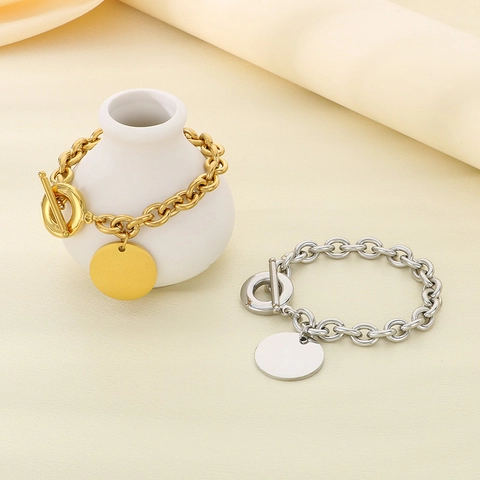 Pulsera De Cadena Gruesa De Acero Inoxidable Con Dije De Disco Redondo En Blanco Y Cierre De Palanca Para Mujer