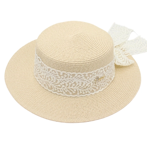 French Retro Boater Hat Straw Woven Wide Brim Lace Ribbon Bowtie Metal Decor Summer Beach Vacation Elegant For Women