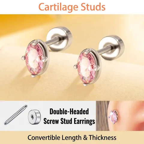 Orecchino Piercing Helix Zircone Rosa Ovale Acciaio Al Titanio Gioielli Per Cartilagine Vite A Doppia Testa Dorso Piatto Donne