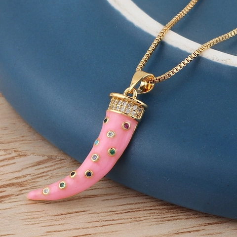 Collier Pendentif Corne Cuivre Plaqué Or Zircon Coloré Émail Cornicello Style Italien Bijoux Pour Femmes
