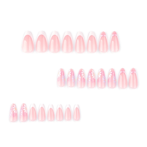 French Tip Press On Nails Almond Shape 3D Daisy Floral Bowknot Pink White Artificial False Nails For Women ABS Plastic
