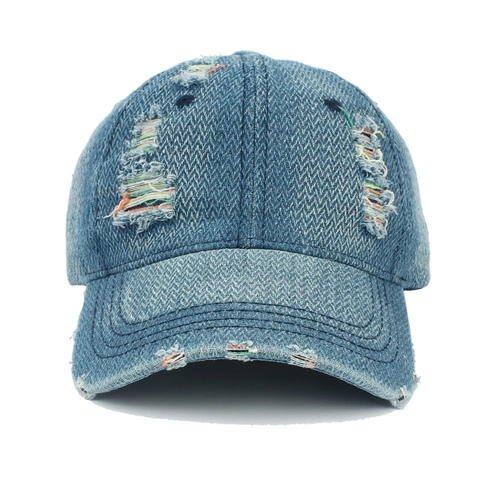 Distressed Denim Baseball Cap Ripped Washed Cotton Hat With Rainbow Thread Retro Streetwear Adjustable Unisex