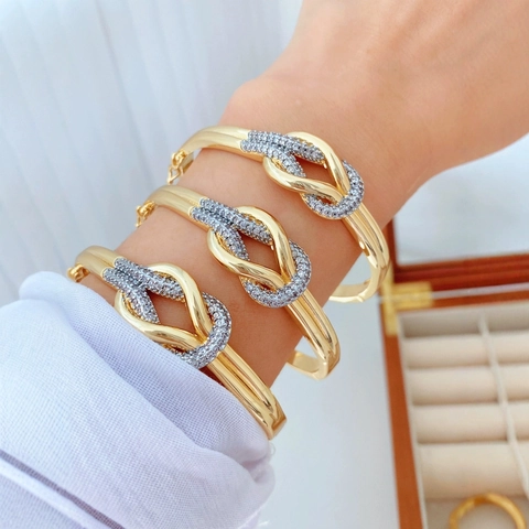 Fashion Knot Intertwined Rhinestone Cuff Bracelet And Open Ring For Women Metal Gold Silver Plated Elegant Hand Jewelry