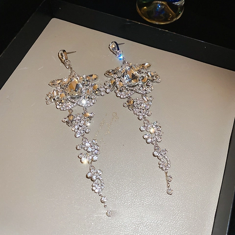 Pendientes De Botón Con Borlas De Pedrería Con Flor De Cristal Y Poste De Plata De Ley 925 Cobre Lujo Para Mujer