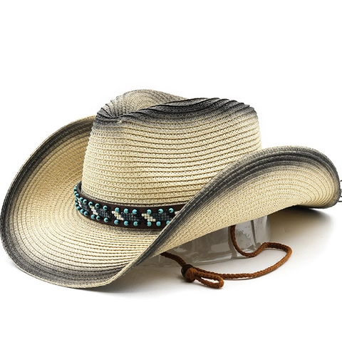 Western Cowboy Straw Hat Wide Brim Sun Protection Gradient Painted Ethnic Bead Band Adjustable Windproof Rope For Outdoor Travel