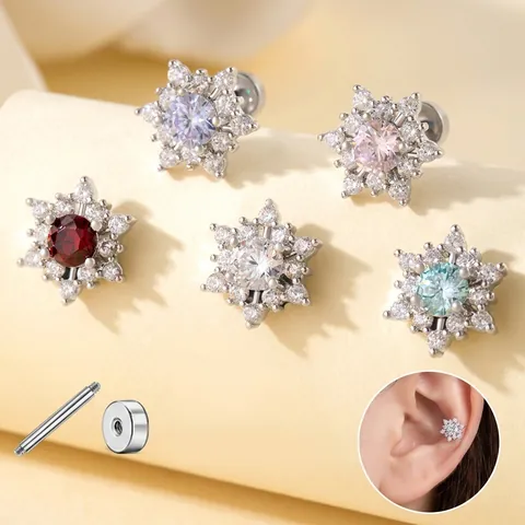 Snowflake Ear Studs Titanium Steel Screw Back Cubic Zirconia Elegant Sparkly Cartilage Piercing Jewelry For Women
