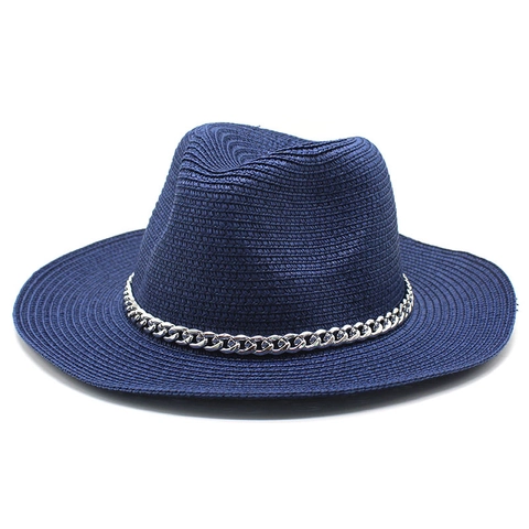 Cappello Fedora Di Paglia Panama Protezione Solare Estate Spiaggia Tesa Larga Con Catena Di Metallo Argento Jazz Vintage Uomo Donna