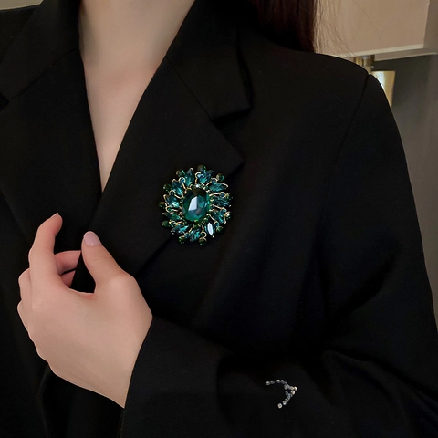 Broche De Flor Vintage Estrás Verde Esmeralda Aleación Cristal Girasol Alfileres Para Mujeres Joyería Elegante