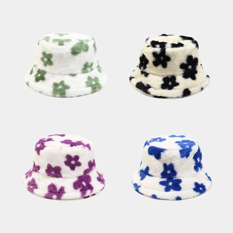Plush Flower Bucket Hat Faux Fur Warm Winter Basin Hat For Women Outdoor Casual Floral Print Soft Thick Foldable Headwear
