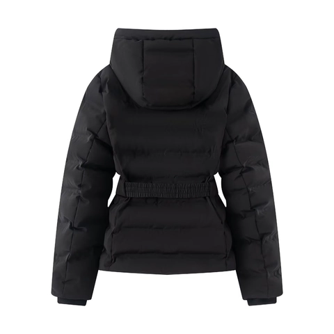 Women's Hooded Polyester Puffer Jacket Short Quilted Padded Coat With Waist Belt Fleece Lined Winter Fashion Slim Outerwear