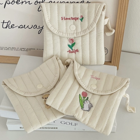 Quilted Cotton Sanitary Napkin Storage Bag Cute Cartoon Embroidery Portable Small Cosmetic Pouch