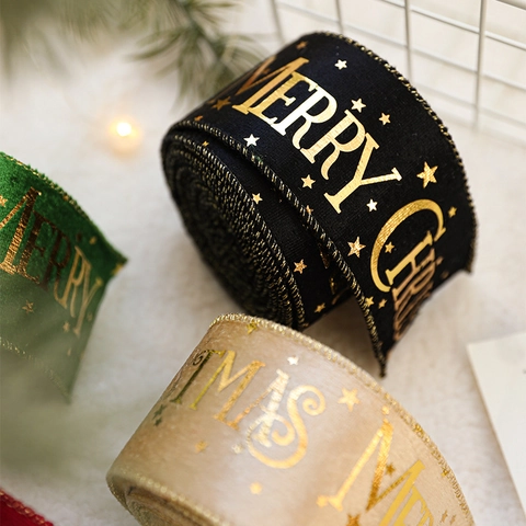 Christmas Velvet Ribbon Gold Stamped Merry Christmas Star Print For Gift Wrapping Tree Decoration Festive Party Decor