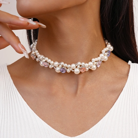 Dubbellaagse Imitatieparel Ketting Met Hartvormige Glasstenen En Strass Koperen Choker Voor Dames Vintage Stijl