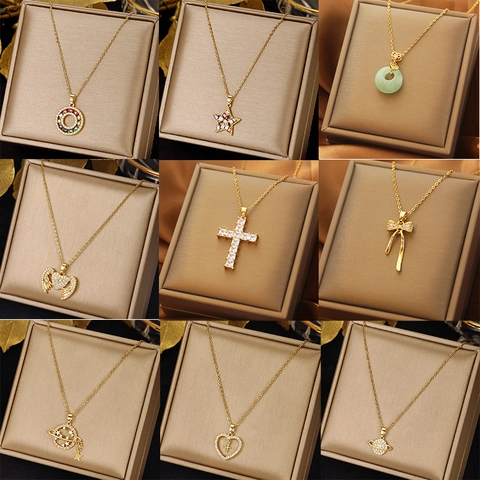 Collana Moda Donna Acciaio Inossidabile Zircone Lega Ciondolo Farfalla Cuore Croce Gioielli Lusso Elegante Accessorio